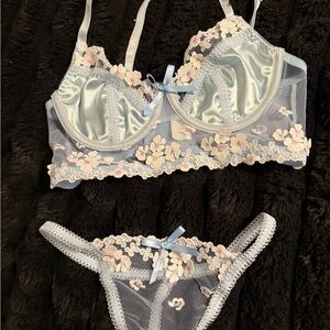 Light Blue Floral Embroidered Bralette & Bikini Set